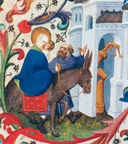 "Toppling of the Pagan Idols (The Flight into Egypt): Isaiah 19:1, Pseudo-Matthew 22-23" (1423) by the Bedford Master