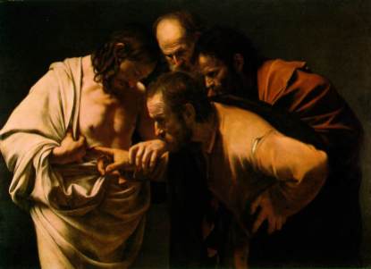 "The Incredulity of Saint Thomas" (1600) by Caravaggio (1571-1610), Sanssouci Picture Gallery.