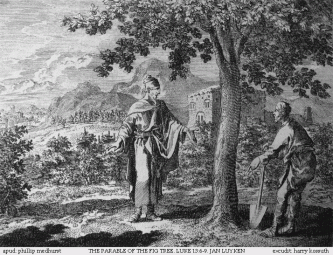 An etching by Jan Luyken illustrating Luke 13:6-9 in the Bowyer Bible, Bolton, England.