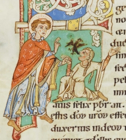 "St. Felix presbyter Romanus" (1170-1200), by "Frater Rufillus," from the Weißenauer Passionale, Cod. Bodmer 127, fol. 146v. Fondation Bodmer, Coligny Switzerland. Public Domain. Cropped.