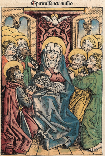 "Pentecost" from the Nuremberg Chronicle (1493), F 102r 1. Public Domain.