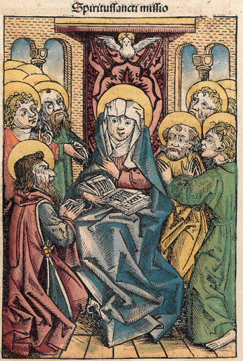 "Pentecost" from the Nuremberg Chronicle (1493), F 102r 1. Public Domain.