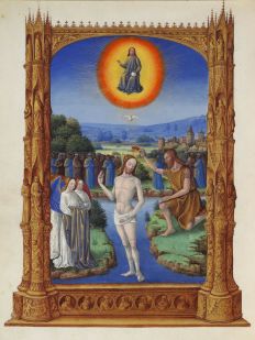 "The Baptism of Jesus" (1485/1486) by Jean Colombe (1430-1493), from Très Riches Heures du Jean Duc de Berry, folio 109v. Condé Museum. Public Domain.