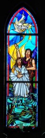 "Jesus' Baptism" (2008) by Richard Buswell, Lynchburg Stained Glass. Good Shepherd Lutheran Church, Herndon, Virginia. Personal photograph.