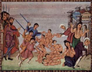 "Murder of the Bethlehem Children," Codex Egberti, Folio 15v (10th Century), Stadtbibliothek, Tier. The Yorck Project (2002). Public Domain.