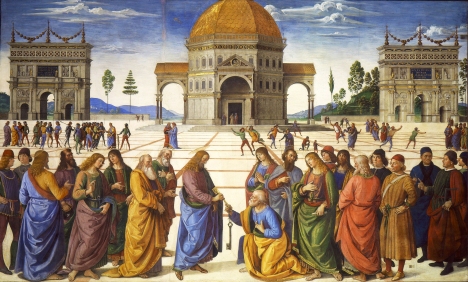 "Jesus gives the keys to St. Peter" (1481-1482) by Pietro Perugino (1448-1523). Sistine Chapel, Vatican City. Public Domain.