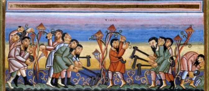 "The Parable of the Vineyard" (11th Century) from the Codex Aureus Epternacensis (f76f). Public Domain.