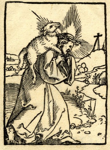 Woodcut of Christ carrying a lamb (1527), by Sebald Beham, from Martin Luther's Prayer Book. British Museum. Public Domain.
