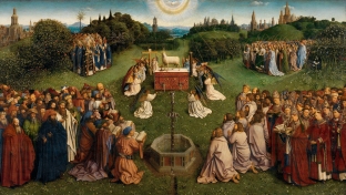 "The Adoration of the Mystical Lamb" from the Ghent Altarpiece (ca. 1426-1432), by Hubert van Eyck (1366-1426) and Jan van Eyck (ca. 1390-1441). St. Bavo Cathedral, Ghent, Belgium. Public Domain.