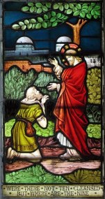 "Jesus and the Samaritan Leper." Stained glass window in St Andrew's parish church, Buckland, Hertfordshire. Photo by John Salmon, 2006. John Salmon / St Andrew, Buckland, Herts - Window / CC BY-SA 2.0.