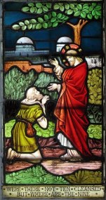 "Jesus and the Samaritan Leper." Stained glass window in St Andrew's parish church, Buckland, Hertfordshire. Photo by John Salmon, 2006. John Salmon / St Andrew, Buckland, Herts - Window / CC BY-SA 2.0.